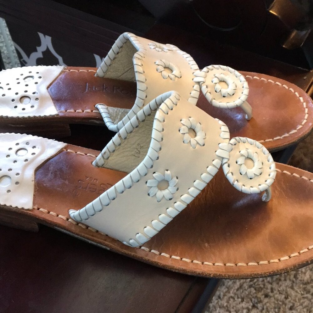 Jack Rogers Cream Leather Whipstitch Thong Sandal with Tan Footbed - Picture 6 of 8